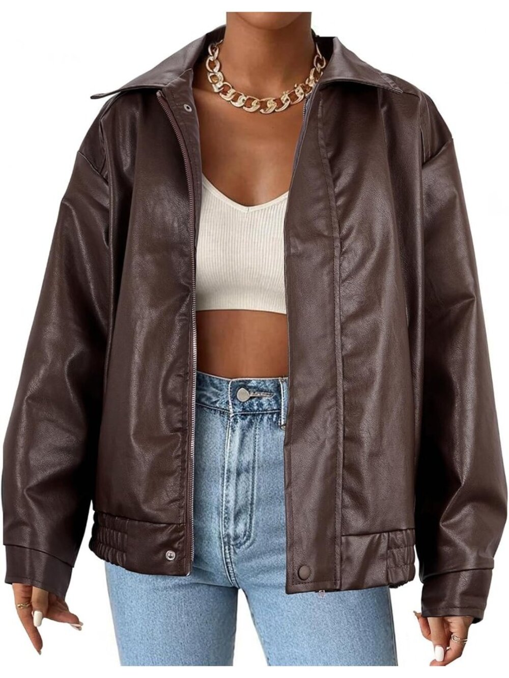 Women’s Coffee Faux Leather Oversized Bomber Biker Motorcycle Jacket Casual
